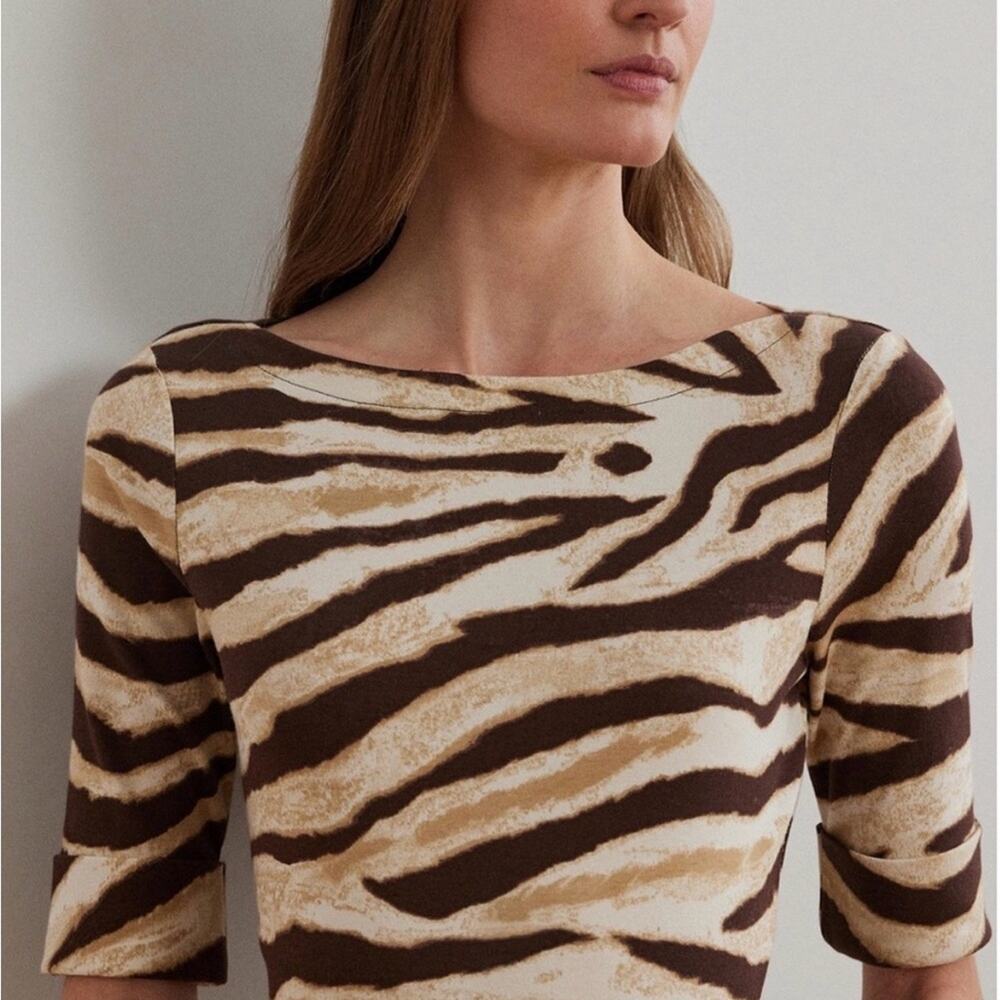 Ralph Lauren Black Label Zebra Top Boat neck Tan Brown LARGE Animal Print Shirt